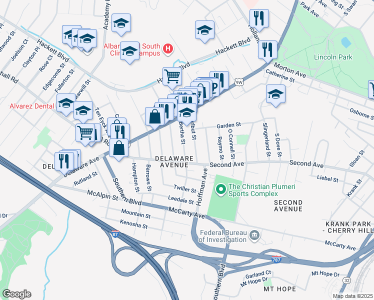 map of restaurants, bars, coffee shops, grocery stores, and more near 28 Bertha Street in Albany