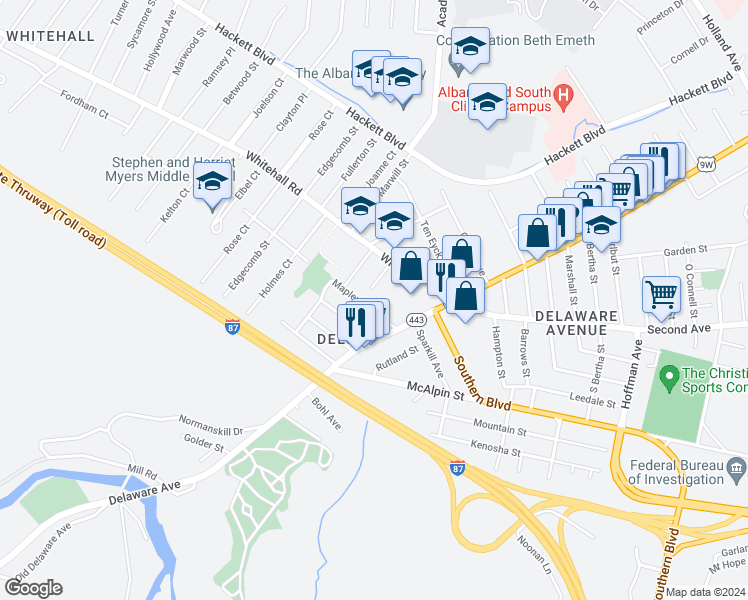 map of restaurants, bars, coffee shops, grocery stores, and more near 10 Sard Road in Albany