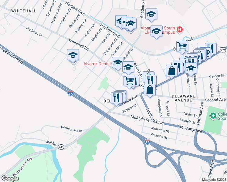 map of restaurants, bars, coffee shops, grocery stores, and more near 39 Mapleridge Avenue in Albany
