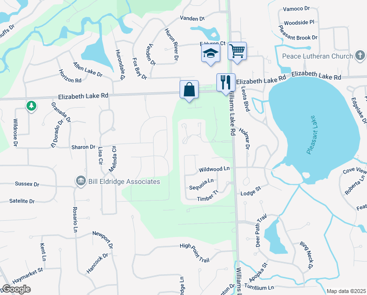 map of restaurants, bars, coffee shops, grocery stores, and more near 186 Summit View Court in White Lake charter Township