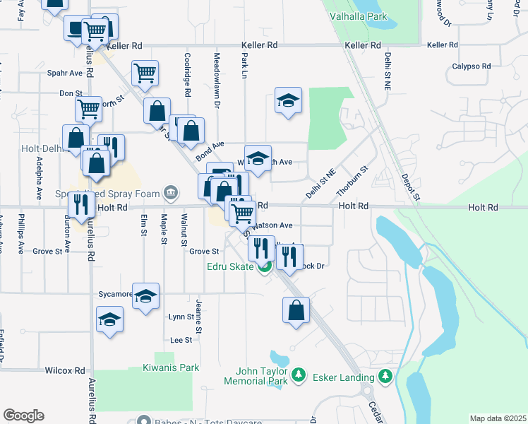 map of restaurants, bars, coffee shops, grocery stores, and more near 4242 Holt Road in Delhi charter Township
