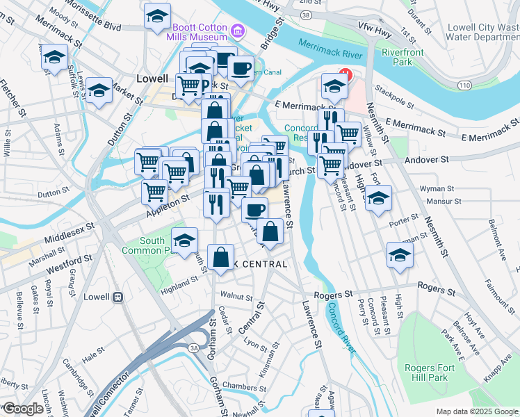 map of restaurants, bars, coffee shops, grocery stores, and more near 151 Charles Street in Lowell