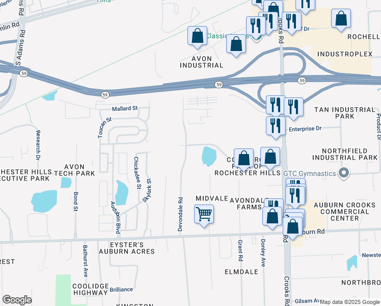 map of restaurants, bars, coffee shops, grocery stores, and more near 2577 Devondale Road in Rochester Hills