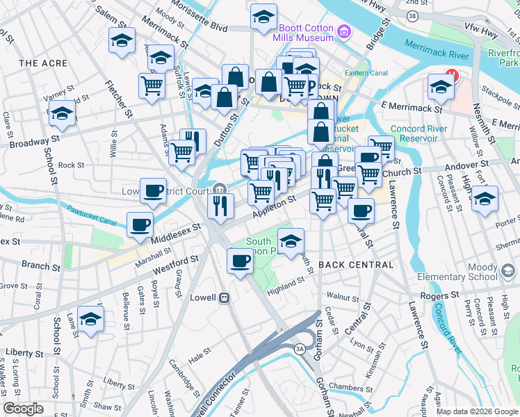 map of restaurants, bars, coffee shops, grocery stores, and more near 211 Appleton Street in Lowell