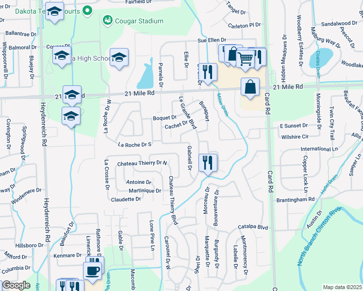 map of restaurants, bars, coffee shops, grocery stores, and more near 21341 Michelle Drive in Macomb