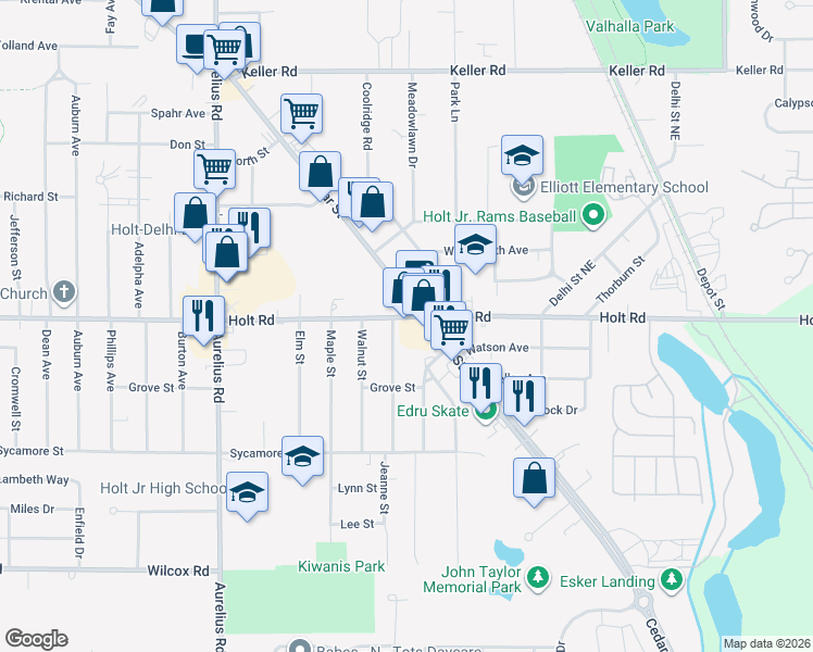 map of restaurants, bars, coffee shops, grocery stores, and more near 2307 West Holt Road in Delhi charter Township