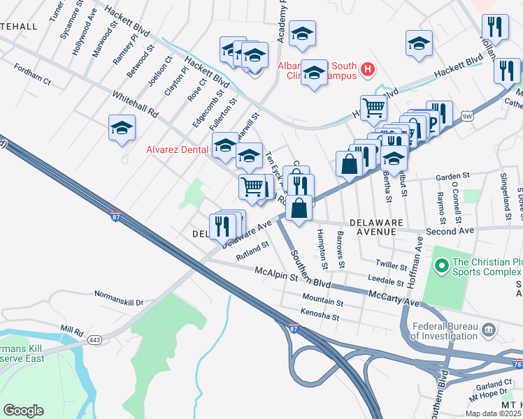 map of restaurants, bars, coffee shops, grocery stores, and more near 62 Whitehall Road in Albany