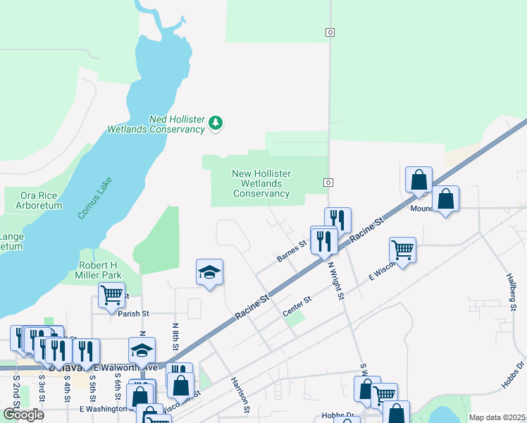map of restaurants, bars, coffee shops, grocery stores, and more near 592 Elmhurst Avenue in Delavan