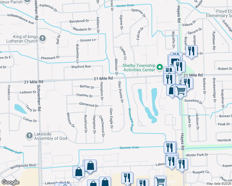 map of restaurants, bars, coffee shops, grocery stores, and more near 14465 Doebler Drive in Macomb County