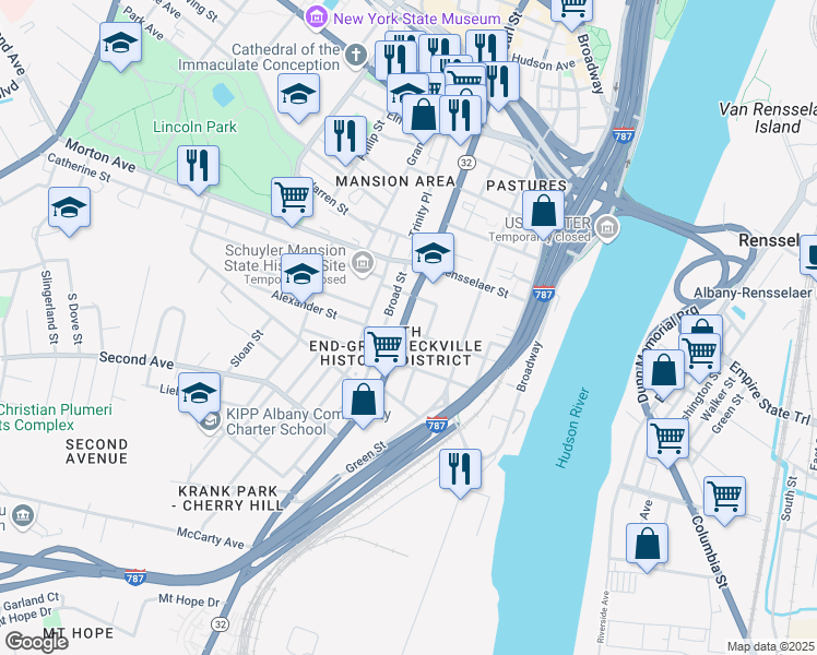 map of restaurants, bars, coffee shops, grocery stores, and more near 310 South Pearl Street in Albany