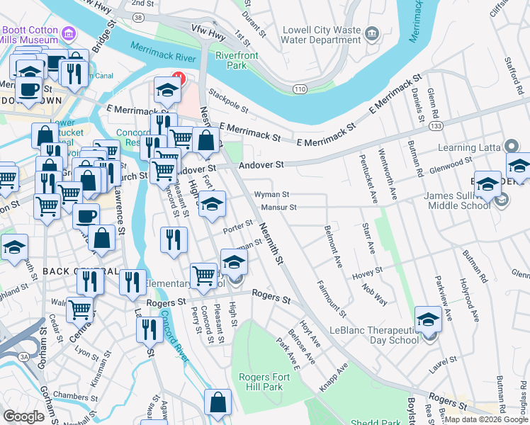 map of restaurants, bars, coffee shops, grocery stores, and more near in Lowell