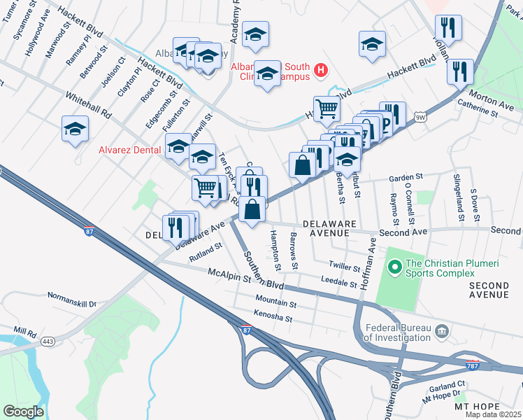 map of restaurants, bars, coffee shops, grocery stores, and more near 438 Delaware Avenue in Albany