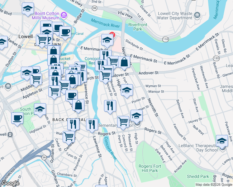 map of restaurants, bars, coffee shops, grocery stores, and more near 318 High Street in Lowell