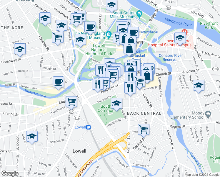 map of restaurants, bars, coffee shops, grocery stores, and more near 183 Appleton Street in Lowell
