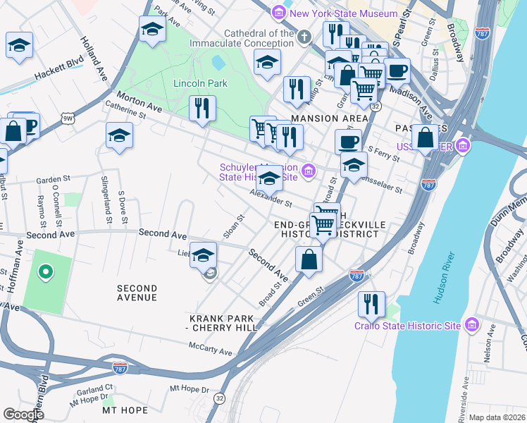 map of restaurants, bars, coffee shops, grocery stores, and more near 84 Alexander Street in Albany
