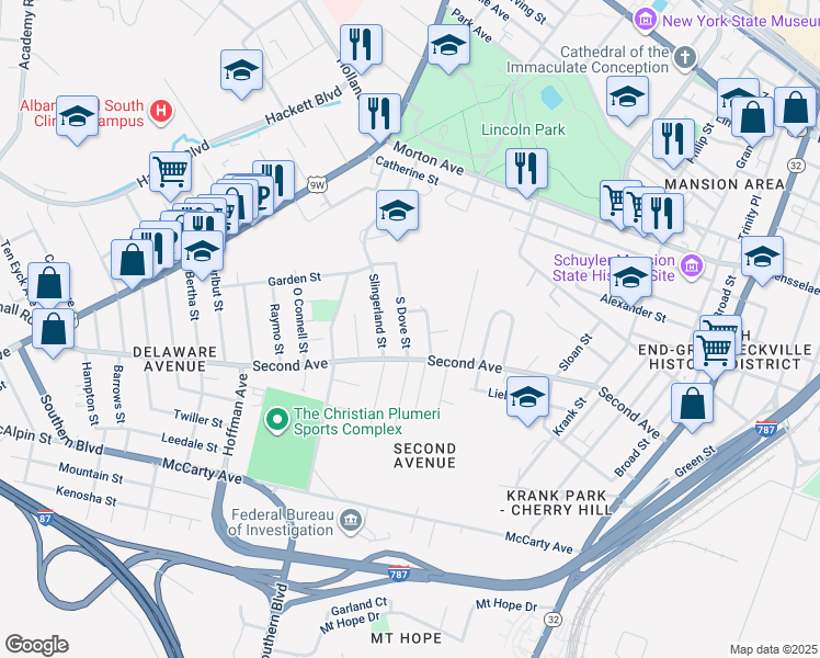map of restaurants, bars, coffee shops, grocery stores, and more near 20 Moore Street in Albany