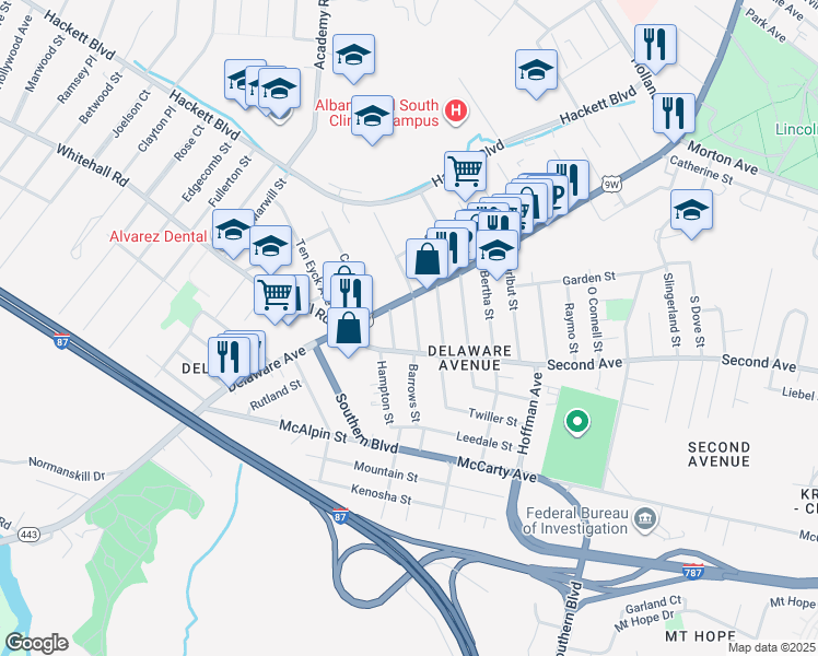 map of restaurants, bars, coffee shops, grocery stores, and more near in Albany