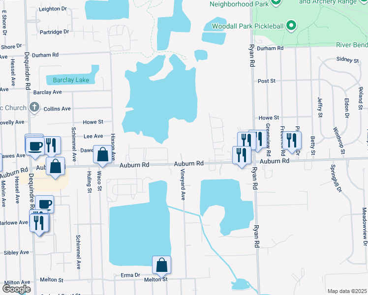 map of restaurants, bars, coffee shops, grocery stores, and more near 3335 Auburn Road in Shelby Township