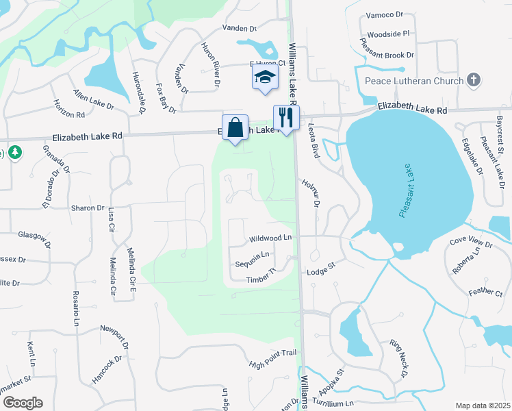 map of restaurants, bars, coffee shops, grocery stores, and more near 223 Summit Ridge Drive in White Lake charter Township