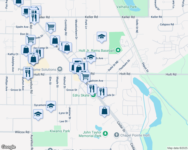 map of restaurants, bars, coffee shops, grocery stores, and more near 4242 Holt Road in Delhi charter Township