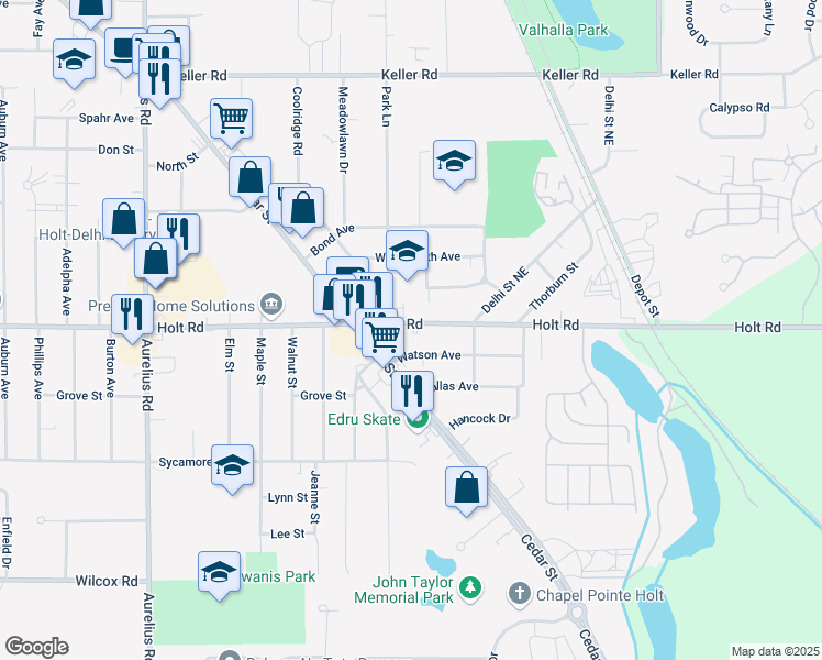 map of restaurants, bars, coffee shops, grocery stores, and more near 4242 Holt Road in Delhi charter Township