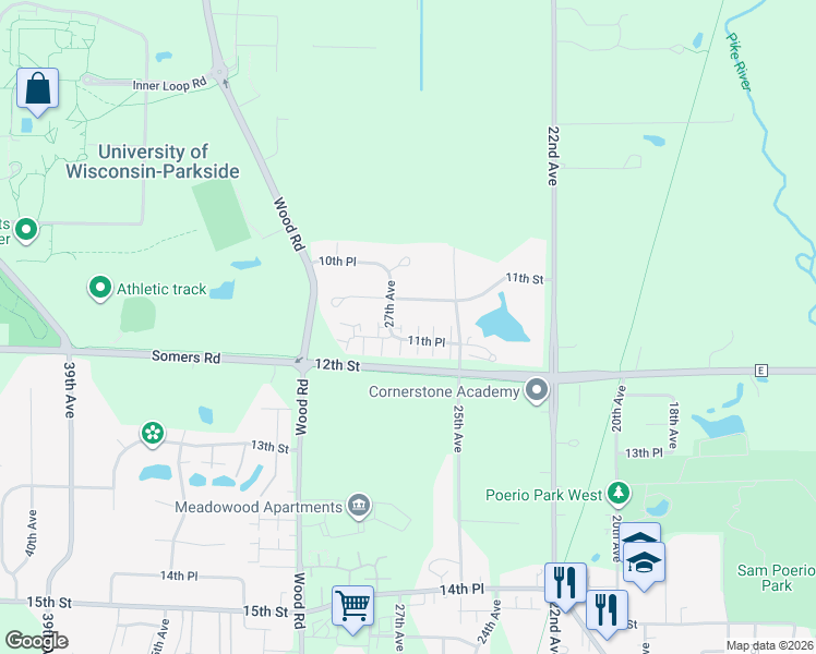 map of restaurants, bars, coffee shops, grocery stores, and more near 2625 11th Street in Kenosha