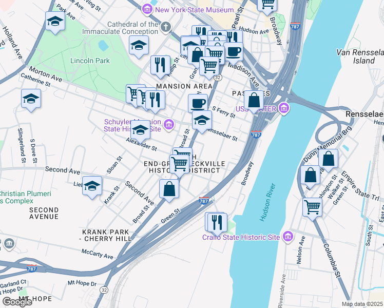 map of restaurants, bars, coffee shops, grocery stores, and more near 310 South Pearl Street in Albany