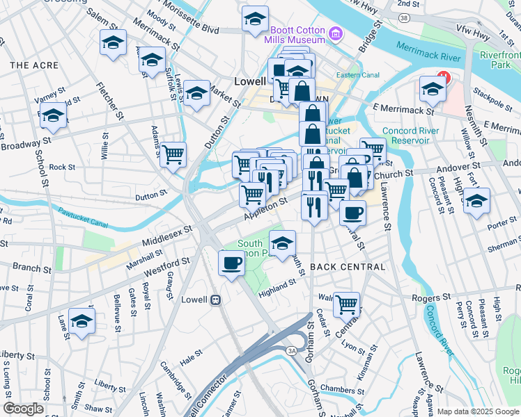 map of restaurants, bars, coffee shops, grocery stores, and more near 201 Appleton Street in Lowell