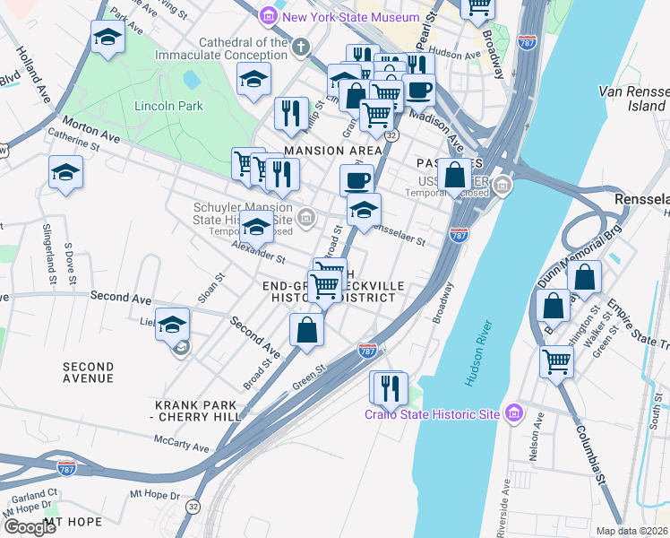 map of restaurants, bars, coffee shops, grocery stores, and more near 71 Broad Street in Albany