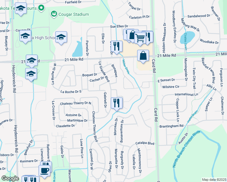 map of restaurants, bars, coffee shops, grocery stores, and more near 46479 Bordeaux Drive in Macomb