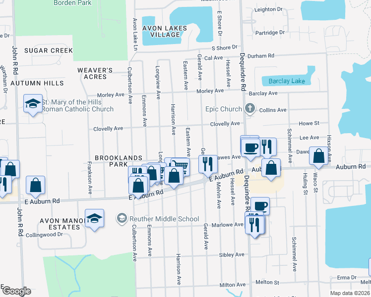 map of restaurants, bars, coffee shops, grocery stores, and more near 2754 Eastern Avenue in Rochester Hills