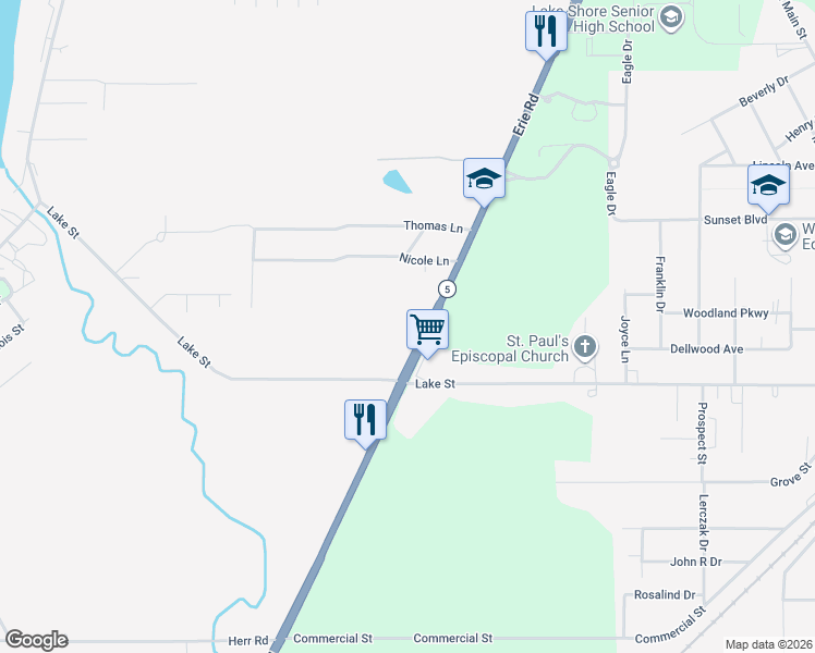 map of restaurants, bars, coffee shops, grocery stores, and more near 8996 Erie Road in Angola