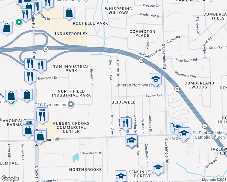 map of restaurants, bars, coffee shops, grocery stores, and more near 2736 Dearborn Avenue in Rochester Hills