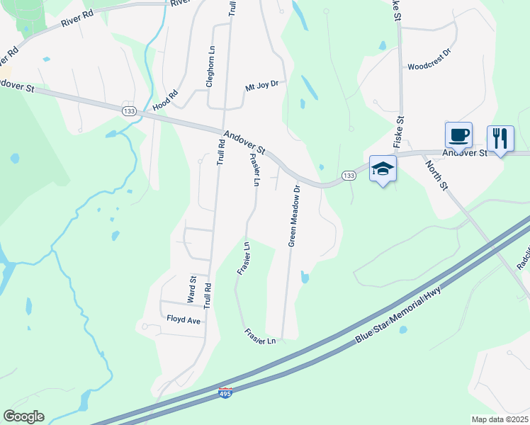map of restaurants, bars, coffee shops, grocery stores, and more near 20 Frasier Lane in Tewksbury