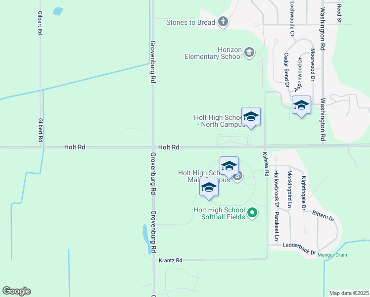 map of restaurants, bars, coffee shops, grocery stores, and more near 5885 West Holt Road in Delhi charter Township
