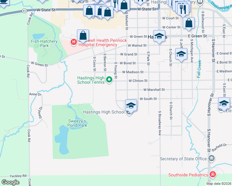 map of restaurants, bars, coffee shops, grocery stores, and more near 1027 South Young Street in Hastings