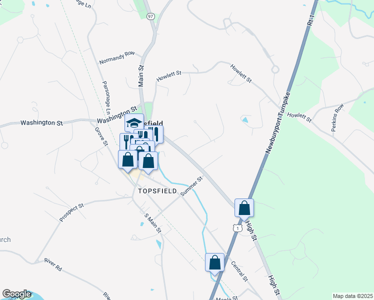 map of restaurants, bars, coffee shops, grocery stores, and more near 32 High Street in Topsfield