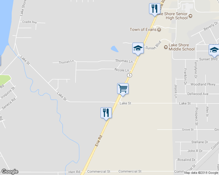 map of restaurants, bars, coffee shops, grocery stores, and more near 8996 Erie Road in Angola