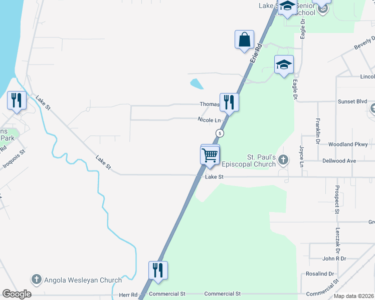 map of restaurants, bars, coffee shops, grocery stores, and more near 8996 Erie Road in Angola