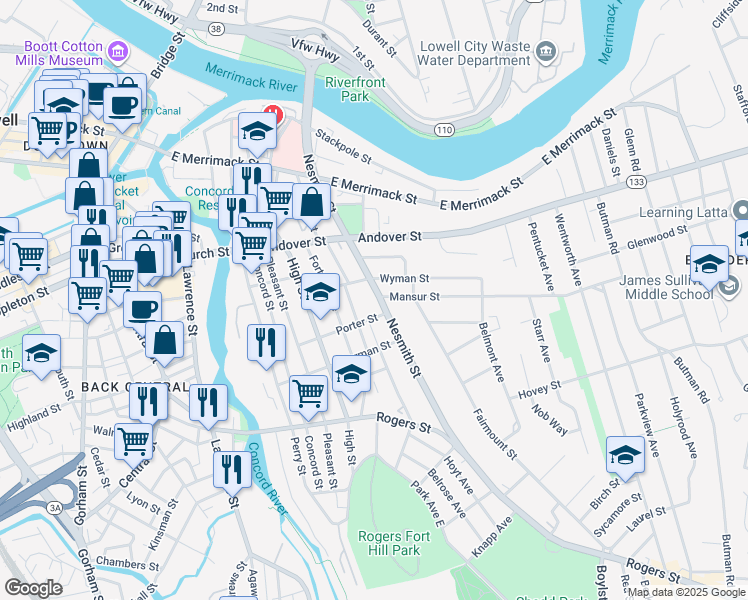 map of restaurants, bars, coffee shops, grocery stores, and more near 157 Nesmith Street in Lowell
