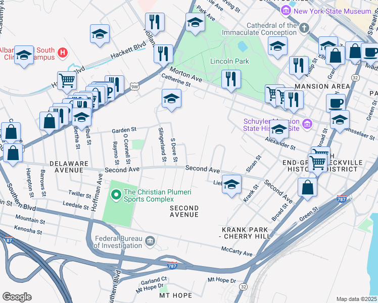 map of restaurants, bars, coffee shops, grocery stores, and more near 20 Moore Street in Albany