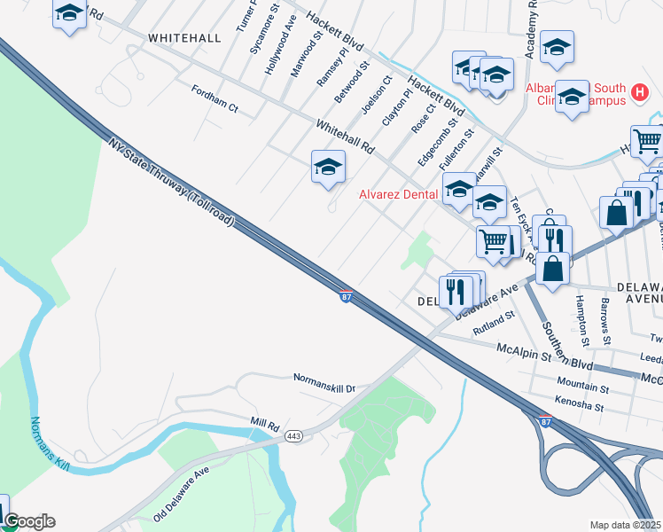 map of restaurants, bars, coffee shops, grocery stores, and more near 105 Rose Court in Albany