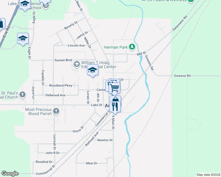 map of restaurants, bars, coffee shops, grocery stores, and more near 123 North Main Street in Angola
