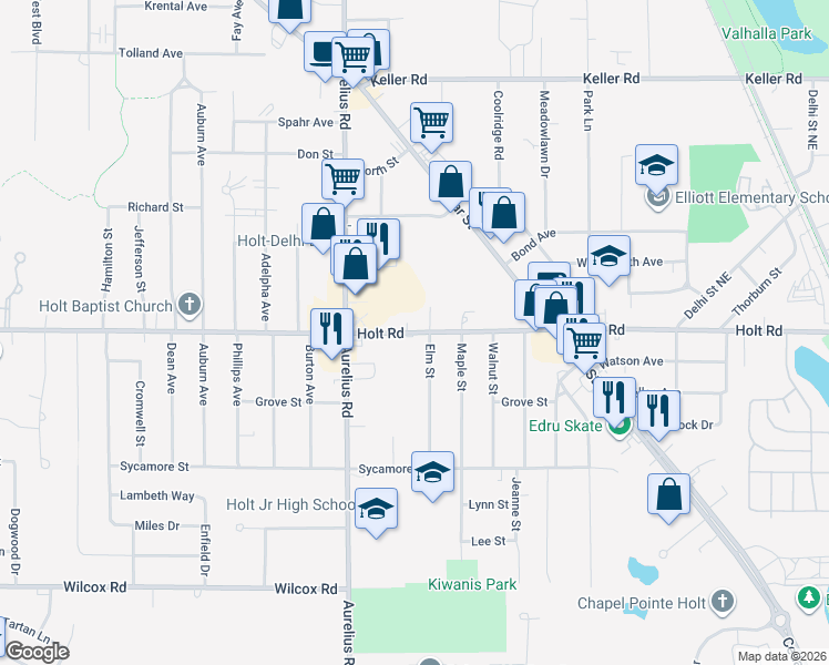 map of restaurants, bars, coffee shops, grocery stores, and more near 4434 Holt Road in Delhi charter Township