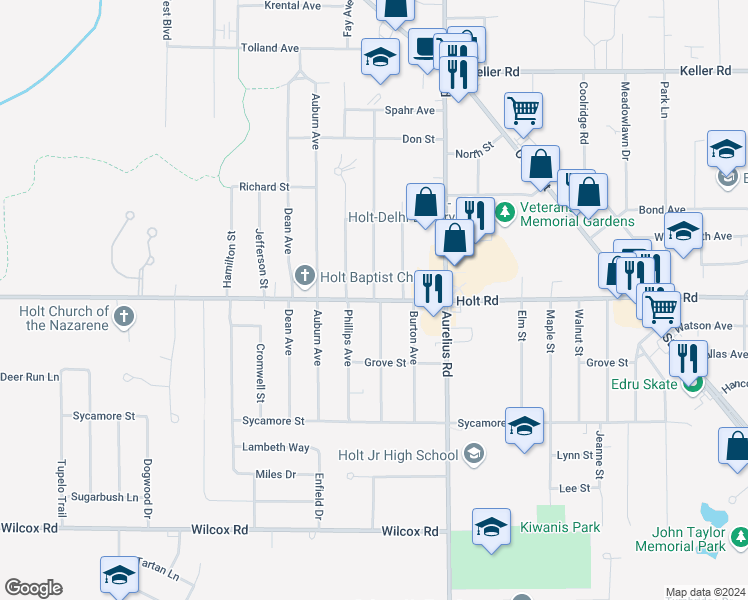 map of restaurants, bars, coffee shops, grocery stores, and more near West Holt Road in Delhi charter Township