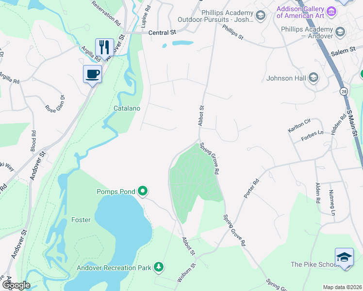 map of restaurants, bars, coffee shops, grocery stores, and more near 131 Abbot St in Andover
