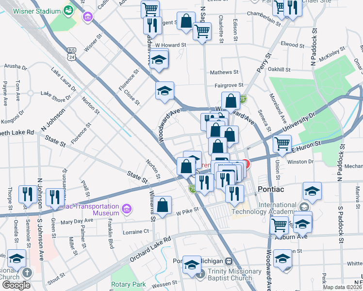 map of restaurants, bars, coffee shops, grocery stores, and more near 26 Feneley Court in Pontiac