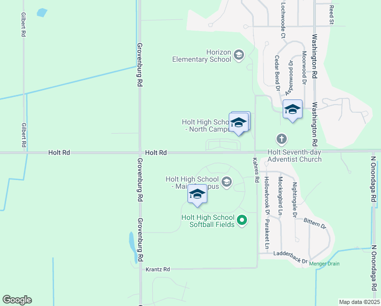 map of restaurants, bars, coffee shops, grocery stores, and more near 5885 West Holt Road in Delhi charter Township