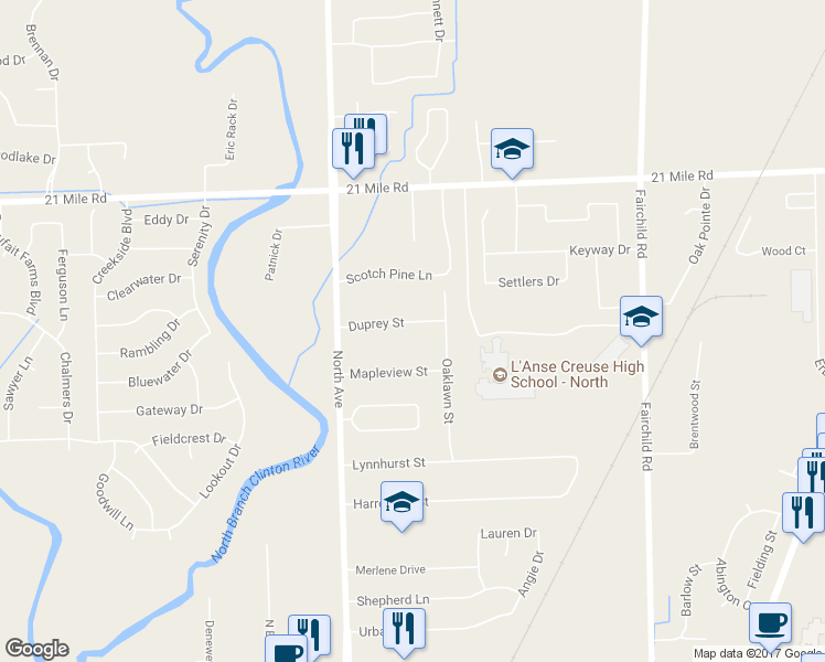 map of restaurants, bars, coffee shops, grocery stores, and more near 23294 Duprey Street in Macomb