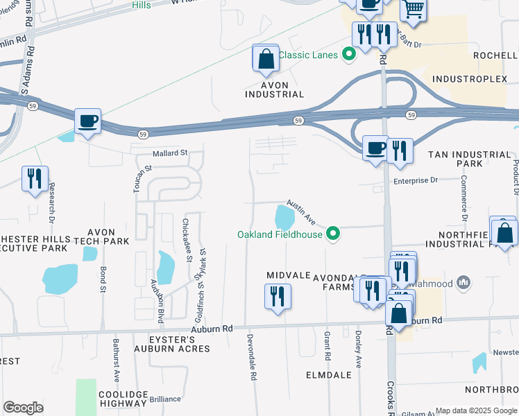 map of restaurants, bars, coffee shops, grocery stores, and more near 2577 Devondale Road in Rochester Hills
